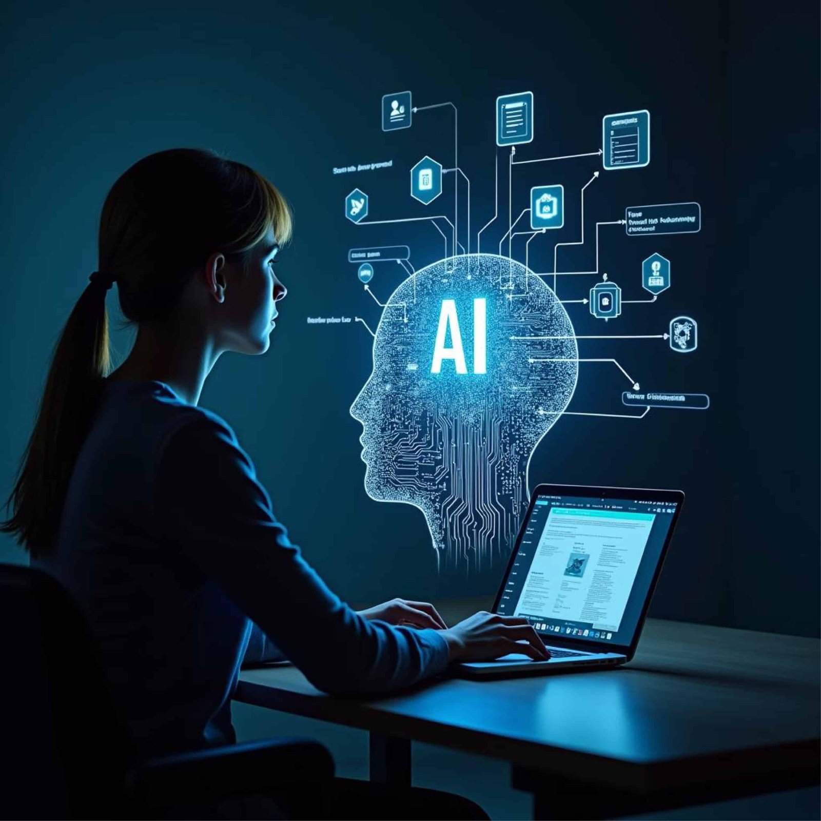 A female software developer working on a laptop looking at a glowing holographic brain graphic labeled AI with connected nodes representing machine learning and data science workflows.
